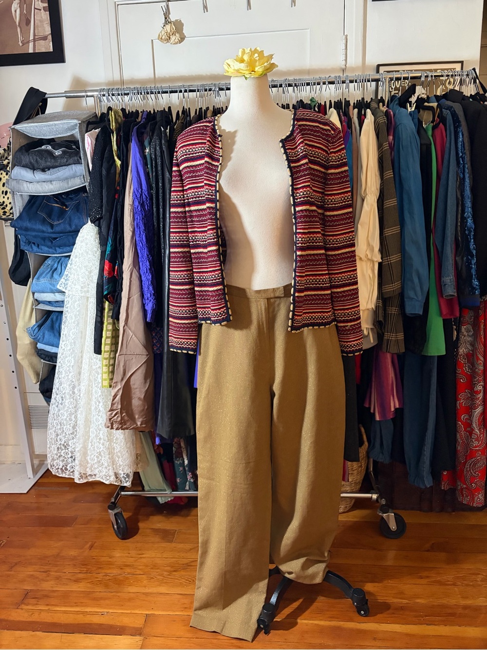 VTG Jones New York Wide Leg Metallic Trousers Gold Camel High Rise Slacks 14